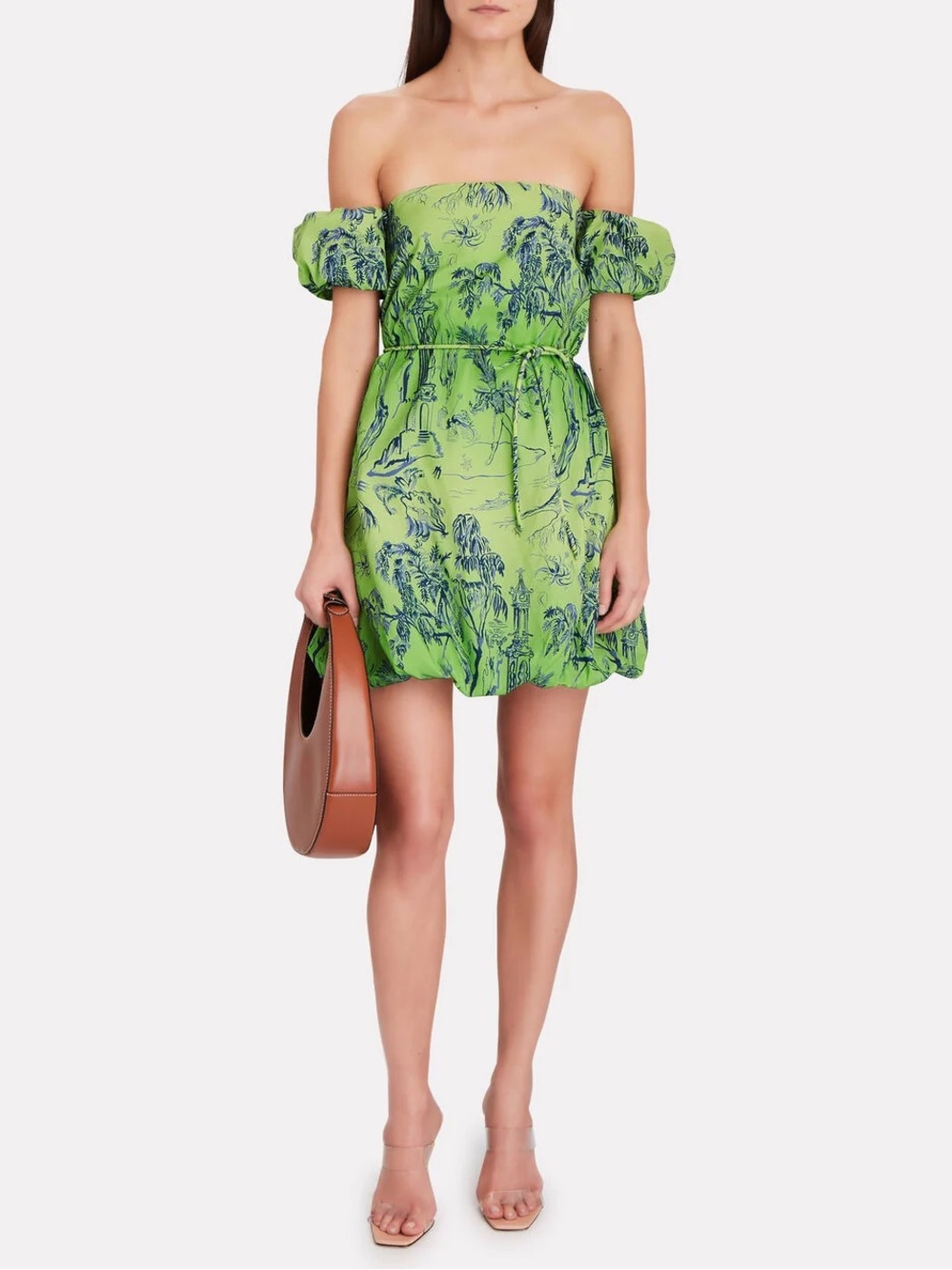 STAUD Strapless Green Mini Dress with Blue Print